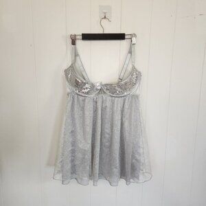 Dreamgirl Silver Sequins Half Cup Bra Chemise Plus Size 1X 2X Sexy Lingerie